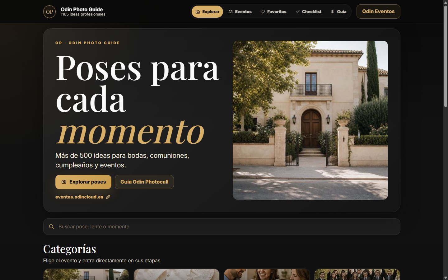Odin Photo Guide con poses y etapas de evento